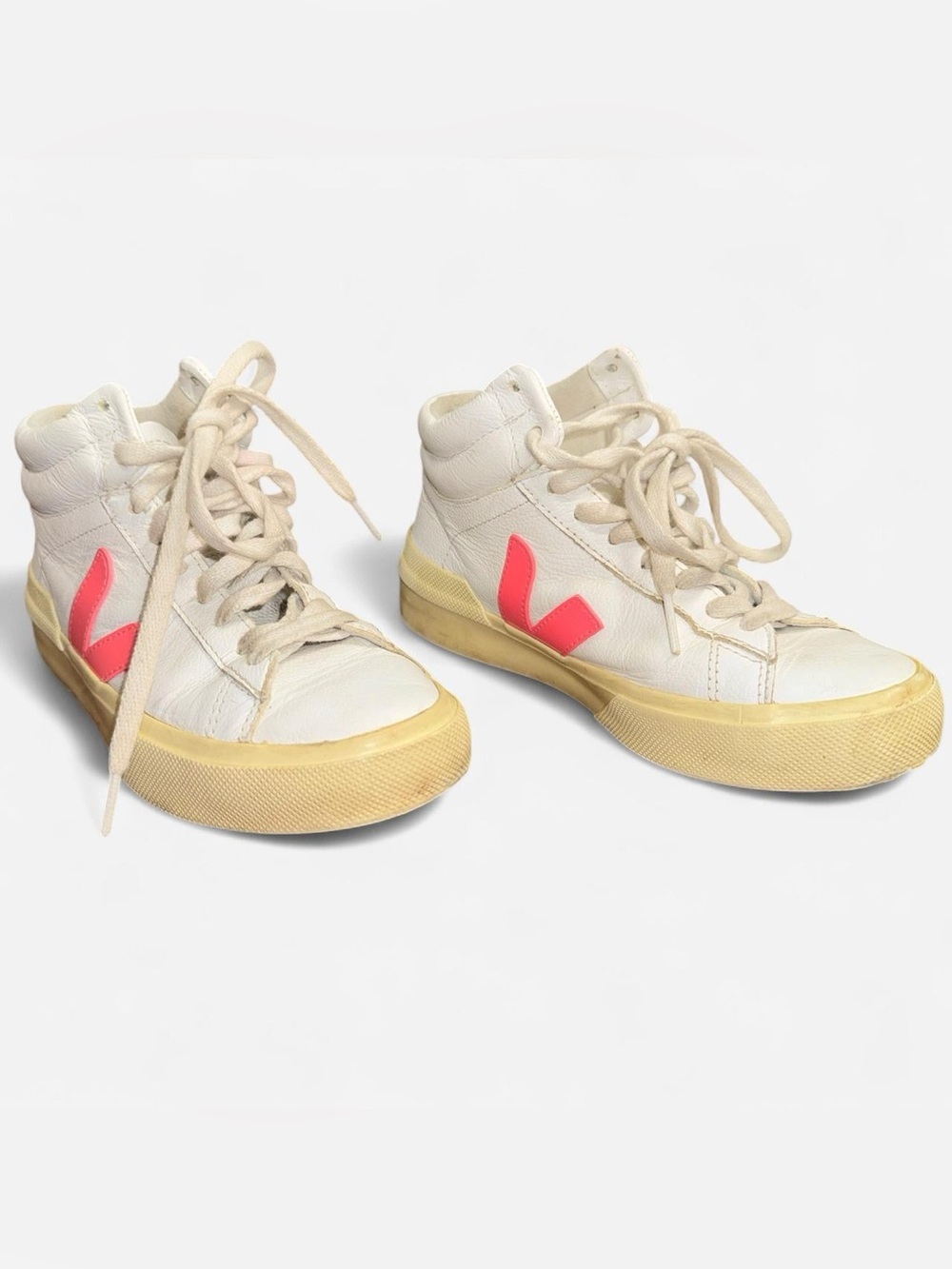 Veja Kid’s High-Top Leather Sneakers in White with Pink V Logo - Can fit Women’s